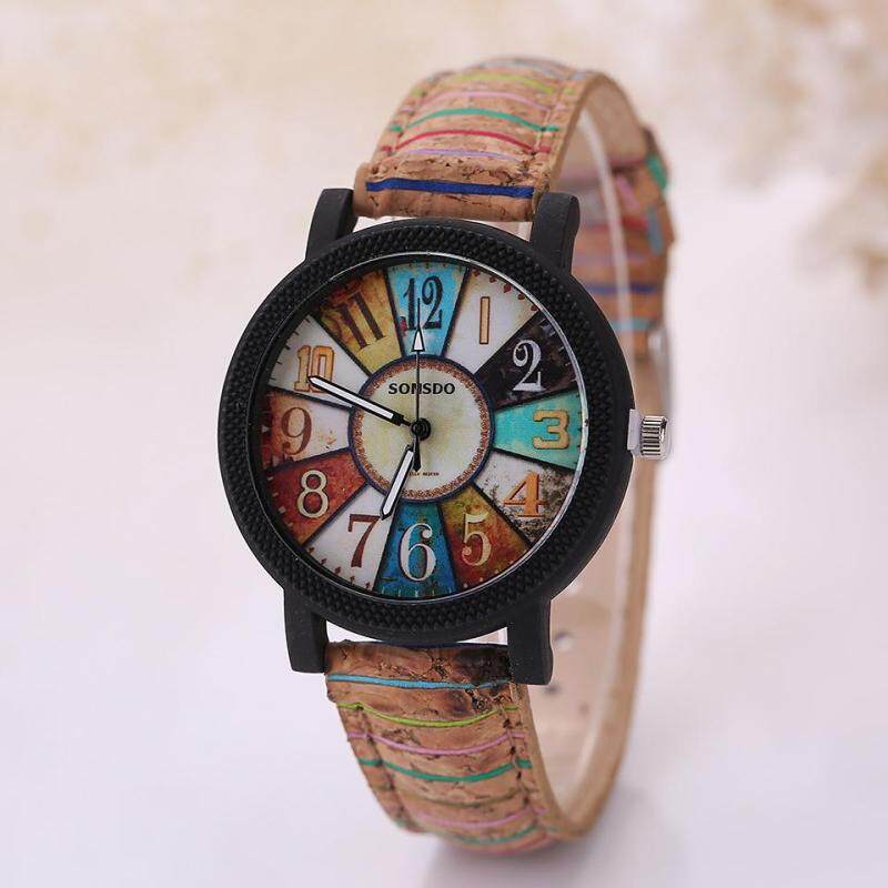 Fashion Brand Womens Vintage Pattern Flower Wooden Grain Analog Leather Strap Quartz Wrist Watch Malaysia