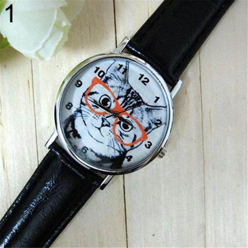 Fashion Mens Womens Glasses Cat Dial Faux Leather Strap Analog Quartz Wrist Watch (Black) Malaysia