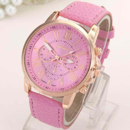 【ราคาสุดคุ้ม!!!】แฟชั่นสายหนัง PU รอบ Analog นาฬิกาควอตซ์ผู้หญิงนาฬิกาข้อมือสตรีสีชมพู