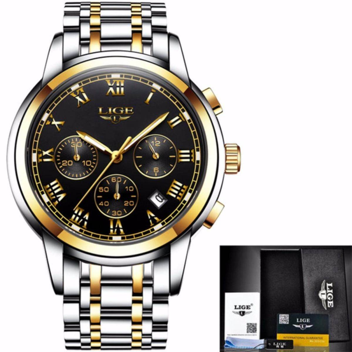 Mode Jam Tangan Lelaki Mewah Jenama Kronograf Tarikh Jam Lelaki Sukan Kuarza Watch Jam Baja Malam Kalis Air