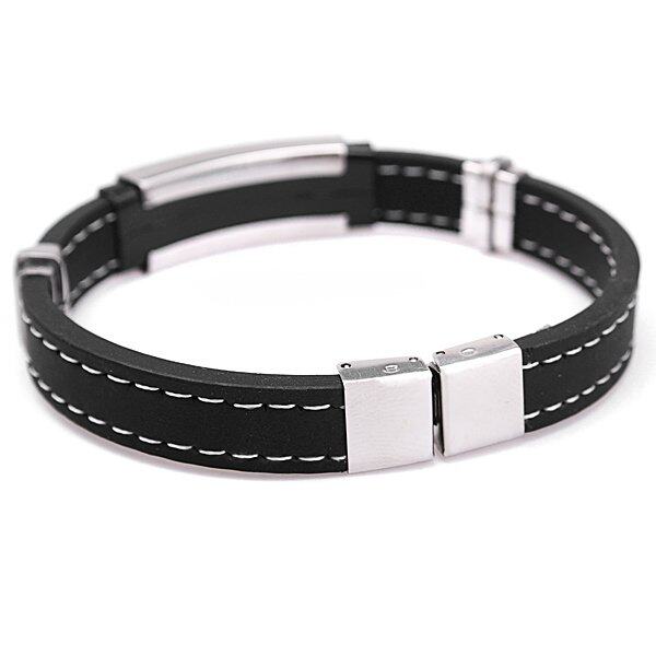 Freebang Mens Silver Stainless Steel Black Rubber Bangle Bracelet Clasp Cuff Wristband - intl