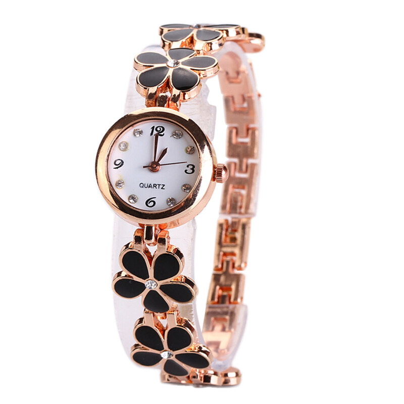 Girls Chic Fashion Flower Rose Golden Bracelet Wrist Watch Black Malaysia
