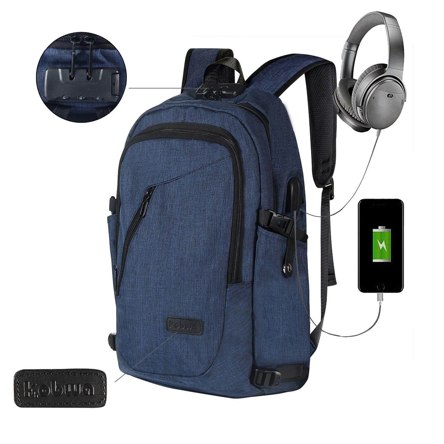 Hazyasm Bisnis Tahan Air Poliester Laptop Ransel dengan USB Pengisian Port dan Mengunci Cocok Dibawah 17-Inci Laptop dan buku Catatan (Biru) -Internasional
