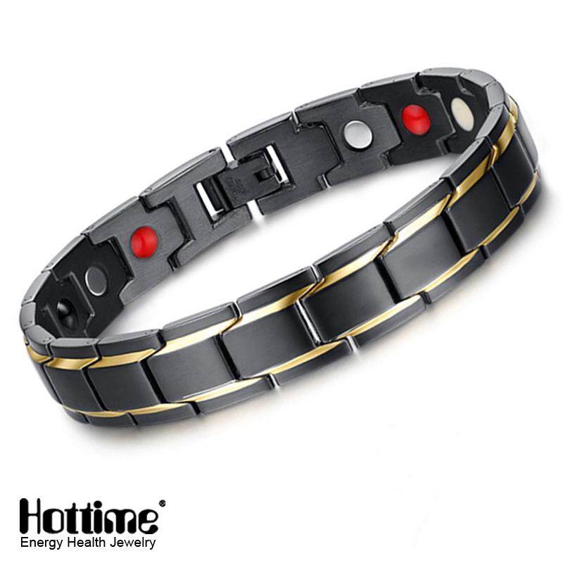 US Hottime Luxury Fashion Health Energy Bracelet Bangle Men 316L Stainless Steel Bio Magnetic Bracelets Black & Gold Plated Jewelry 10087