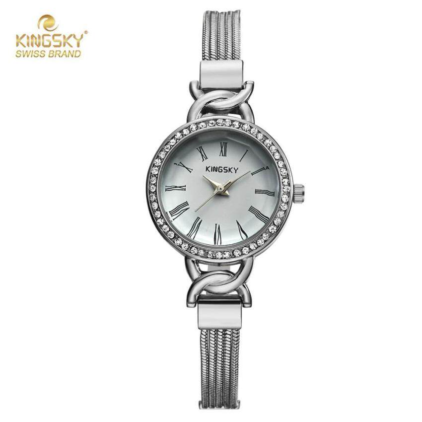 KINGKSY Merek Busana Wanita Watch Jam Tangan Es Kecil Ukuran Round Gold Case dengan Rhinestones Wanita QUARTZ Jam Tangan Jam Tangan Paduan Strap 1802 #
