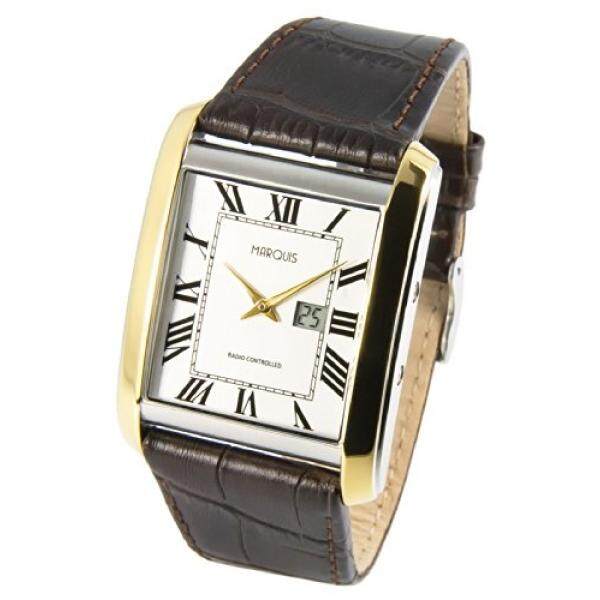 Marquis Herren Funkuhr, Bicolor, Braunes Lederarmband Edelstahlverschluss, Gehäuse Aus Edelstahl, Jam Tangan, junghans-Uhrwerk 964.4813-Internasional
