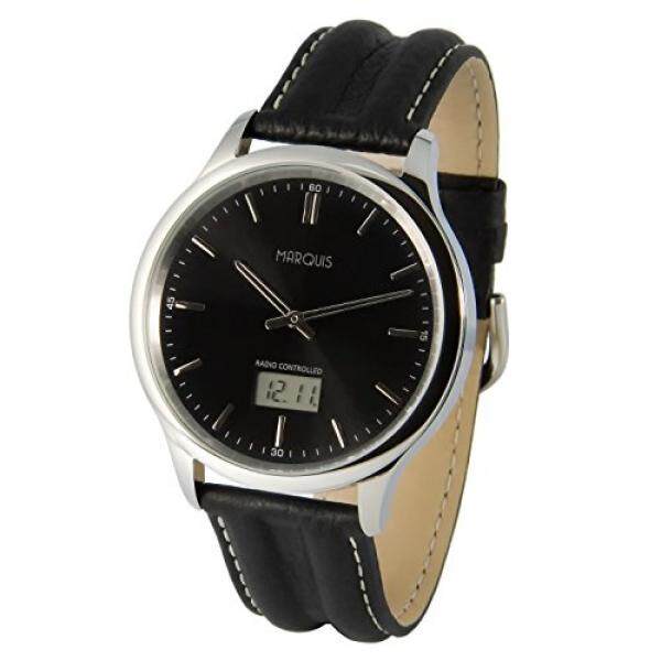 Marquis Herren Funkuhr, Schwarzes Lederarmband, Edelstahlgehäuse, Jam Tangan, Junghans-Uhrwerk 964.6018-Internasional