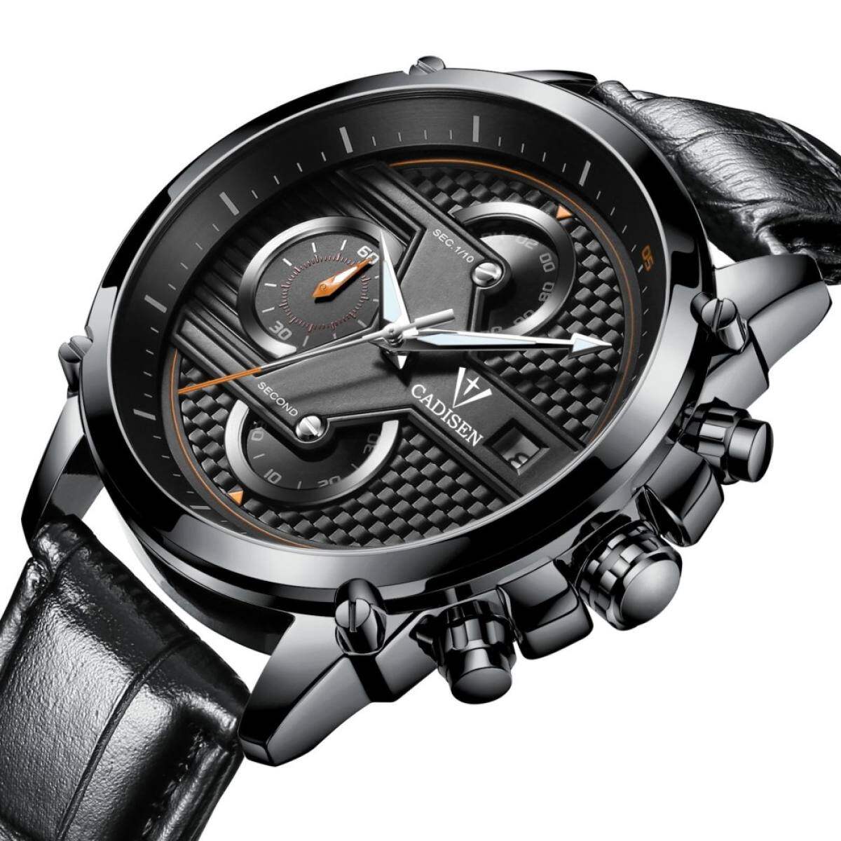 Lelaki Mode Kronograf QUARTZ Sukan Jam Mens Watch Top Jenama Mewah Tali Kulit Kalis Air Perniagaan Watch Hadiah Kotak