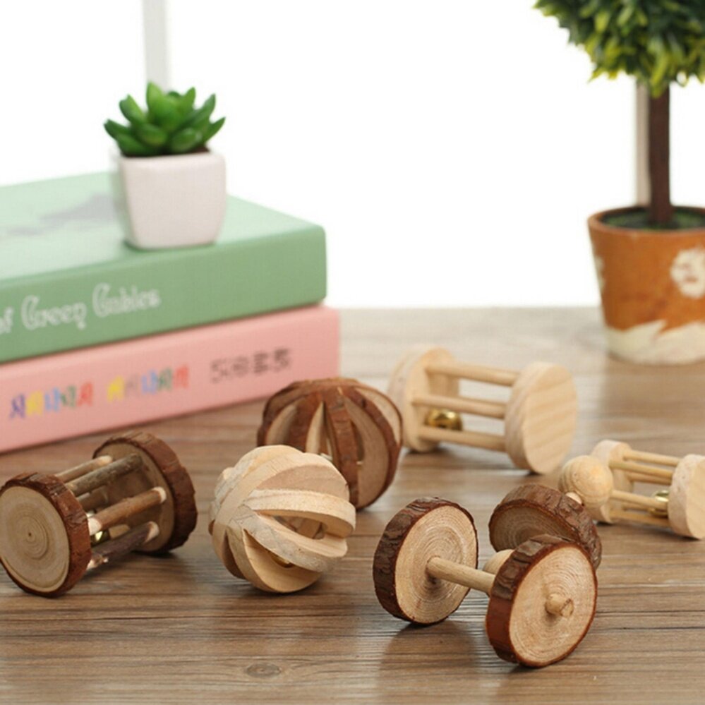Pinus Alami Dumbbells Bel Sepeda Roda Satu Roller Mengunyah Mainan untuk Kelinci Percobaan Tikus Kelinci Kecil Bell Roda-Internasional