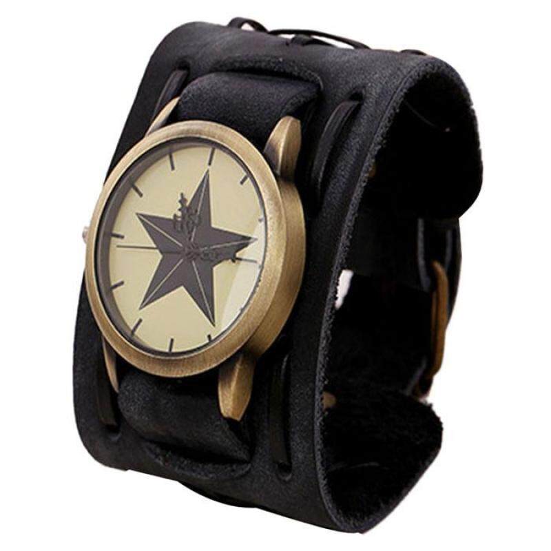New Style Retro Punk Rock Brown Big Wide Leather Bracelet Cuff Men Watch Cool black Malaysia