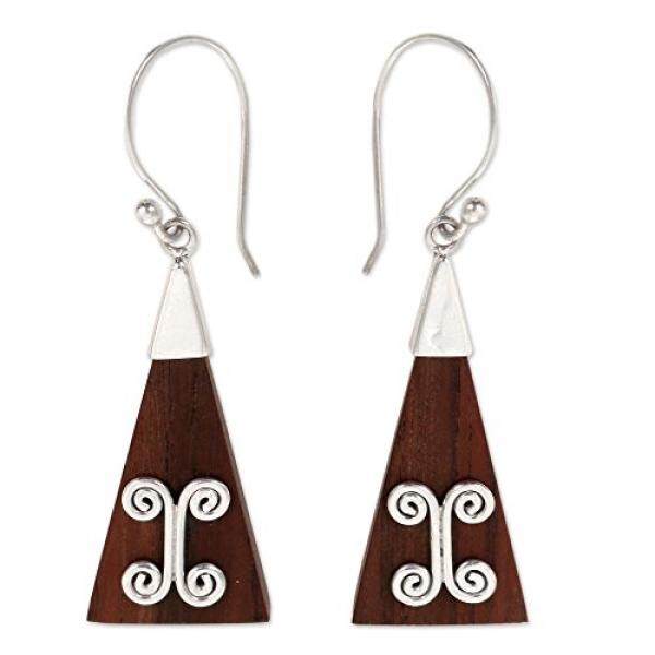 Novica Novica Geometris. 925 Perak Berkilau dan Bali Kayu Sono Anting-anting Menjuntai Segitiga-Intl