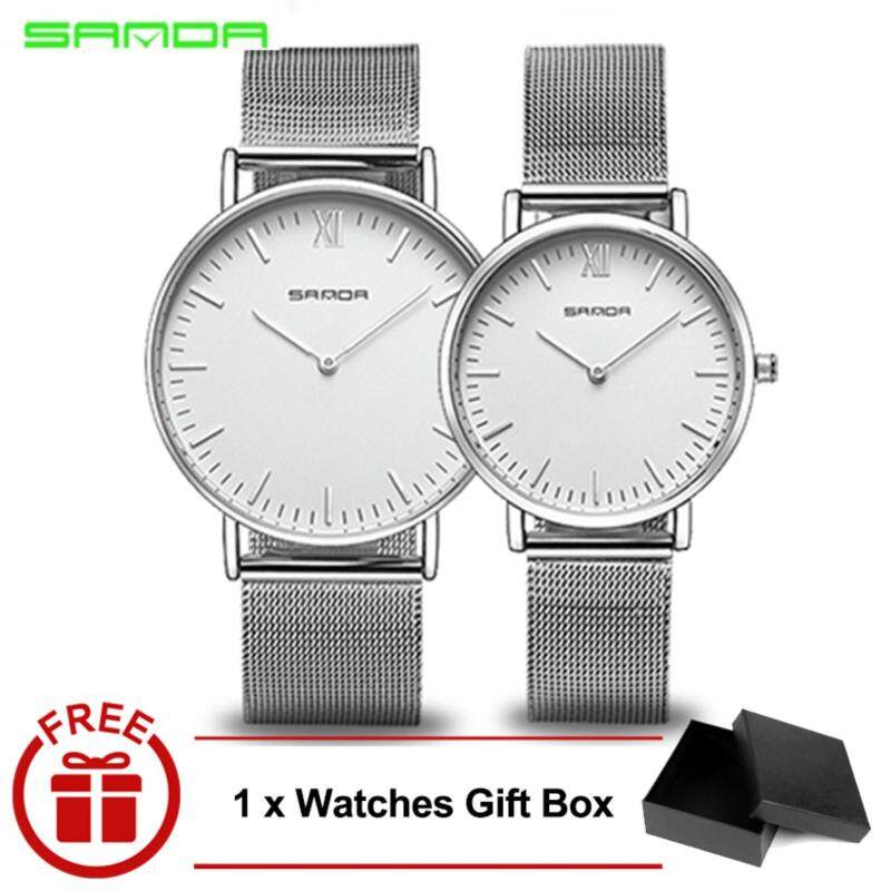 Original SANDA 208 Luxury Ultra Thin Stainless Steel Quartz Couple Watch (Silver White) Malaysia