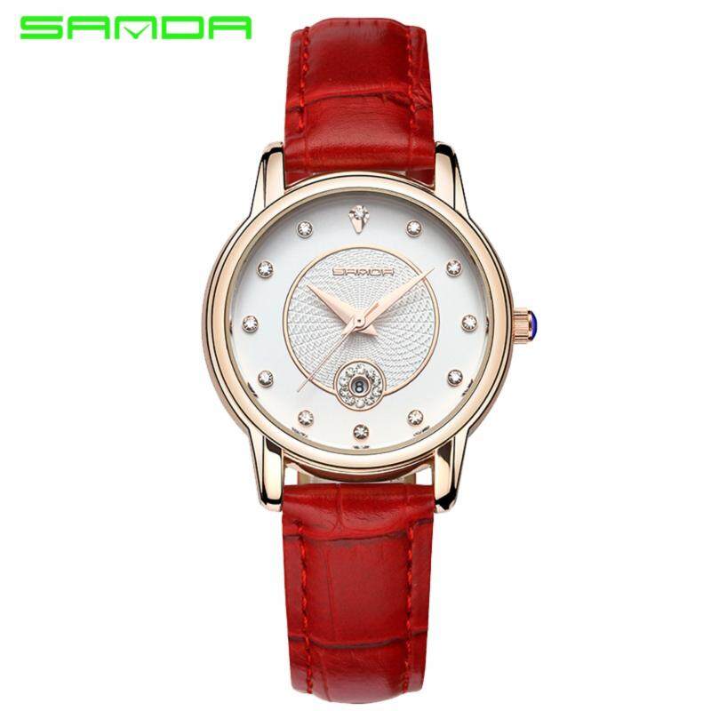Original SANDA P198 Luxury Genuine Leather Band Date Display Quartz Dazzling Diamond Women Watch (Red Gold) Malaysia
