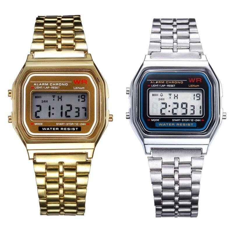 Osbornshop 2PC Gold & Silver Stainless Steel Digital Alarm Stopwatch Wrist Watch Gift Malaysia