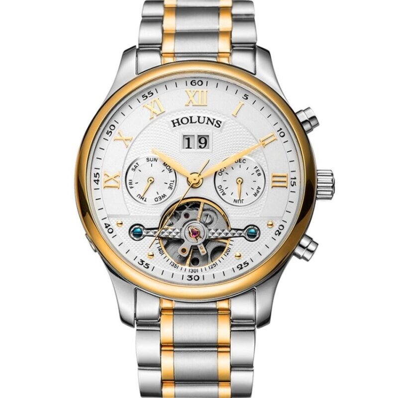 qooyonq HOLUNS hollow fashion mechanical watches mens watchestourbillon automatic strip steel waterproof quality table (white) Malaysia