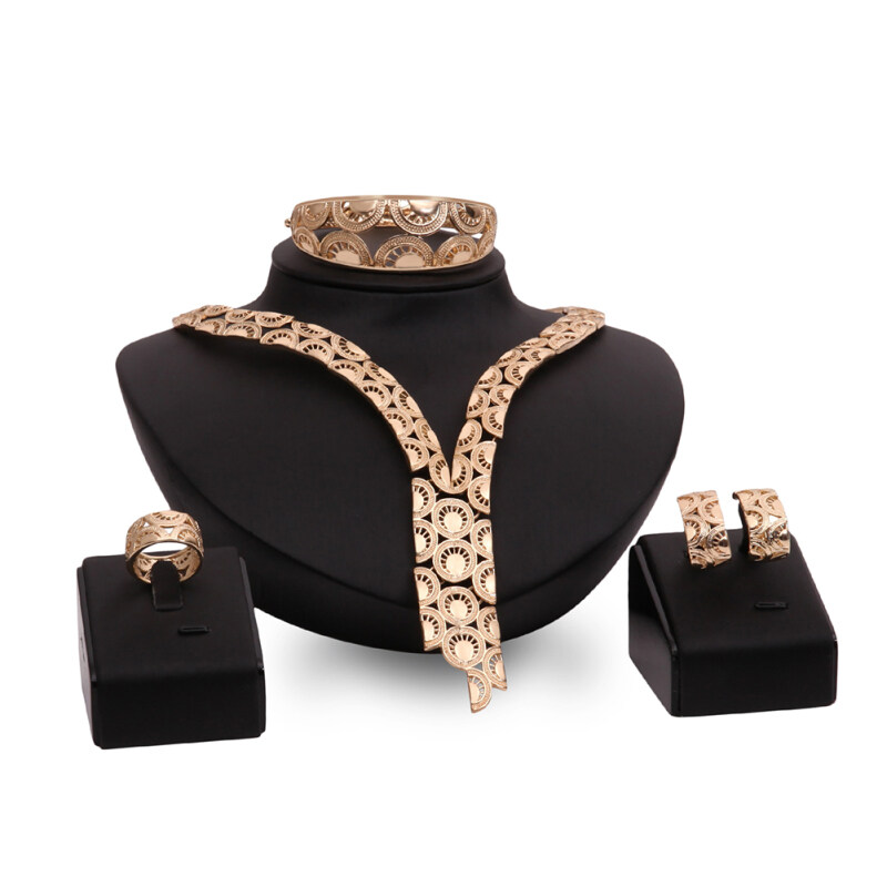 Rich Long 18K Gold Plated Womens Vintage Wedding Party Rhinestone Necklace & Earrings & Bracelet & Ring Jewelry Sets