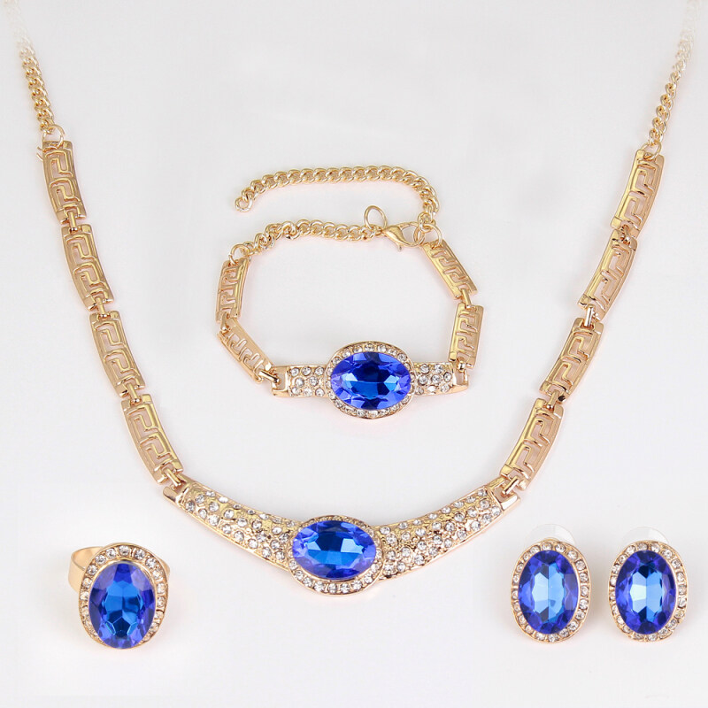 Rich Long Gold Plated Crystal Rhinestone Necklace & Earrings Bracelet & Ring Jewelry Sets