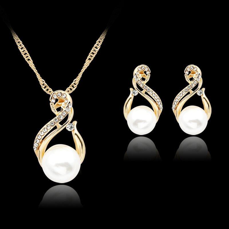 Rich Long Gold Plated Imitation Pearl Necklace & Earrings Jewelry Sets Womens Vintage Wedding Party
