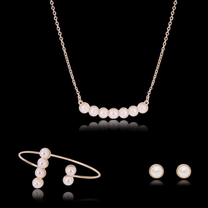 Rich Long Gold Plated Imitation Pearl Rhinestone Necklace & Earrings & Bracelet Jewelry Sets Womens Vintage Wedding Party