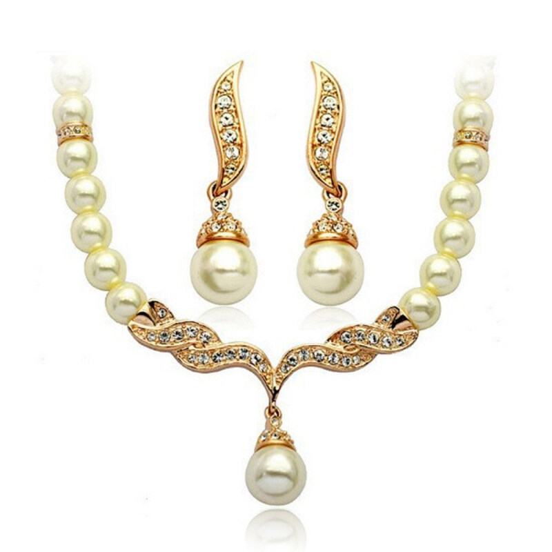 Rich Long Gold Plated Imitation Pearl Rhinestone Necklace & Earrings Jewelry Sets