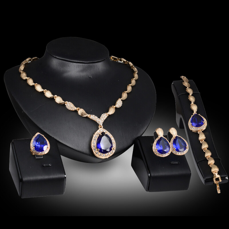 Rich Long Gold Plated Rhinestone Necklace & Earrings & Bracelet & Ring Jewelry Sets