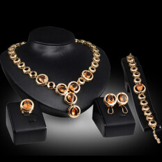 Rich Long Gold Plated Rhinestone Necklace & Earrings & Bracelet & Ring Jewelry Sets Women
