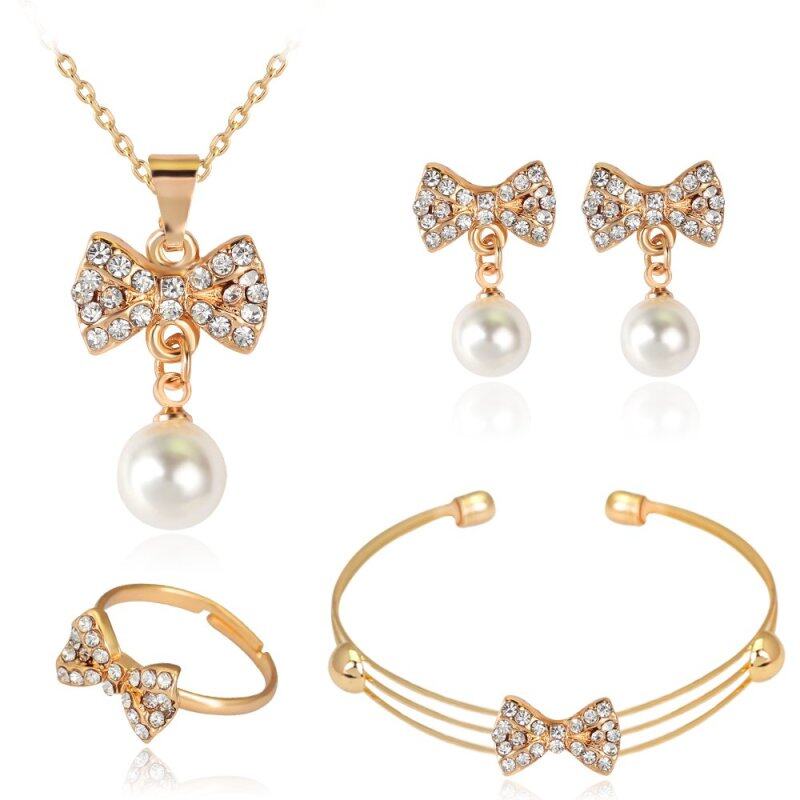 Rich Long Imitation Pearl Necklace & Earrings Bracelet & Ring Jewelry Sets For Womens Vintage Wedding Party