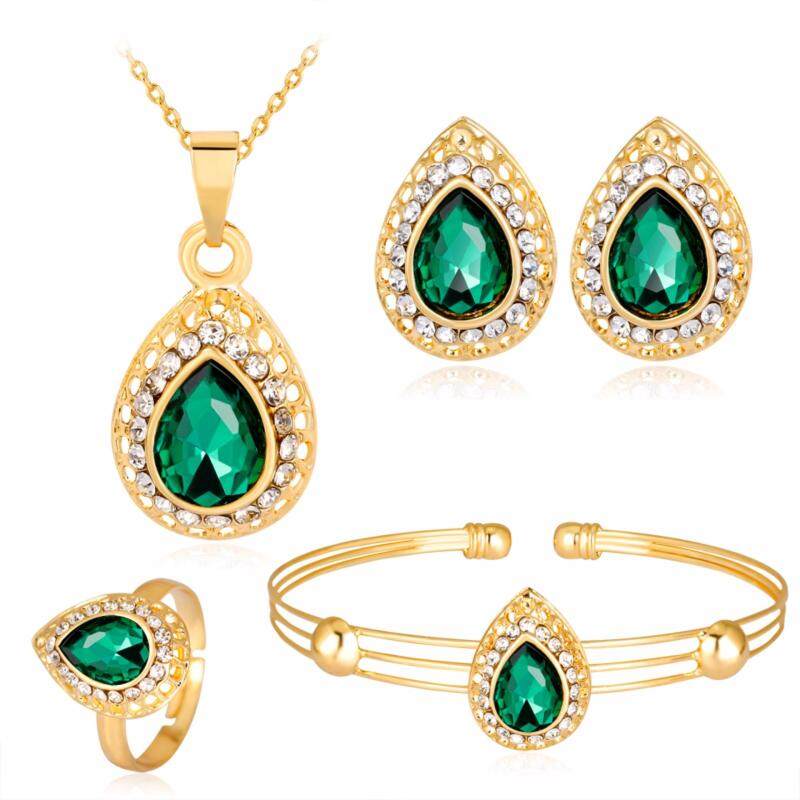 Rich Long Rose Gold Plated Womens Vintage Wedding Party Rhinestone Necklace & Earrings & Bracelet & Ring Jewelry Sets