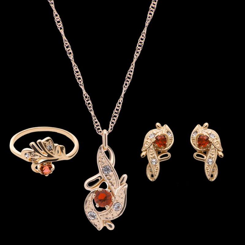Rich Long Rose Gold Plated Womens Vintage Wedding Party Rhinestone Necklace & Earrings & Ring Jewelry Sets