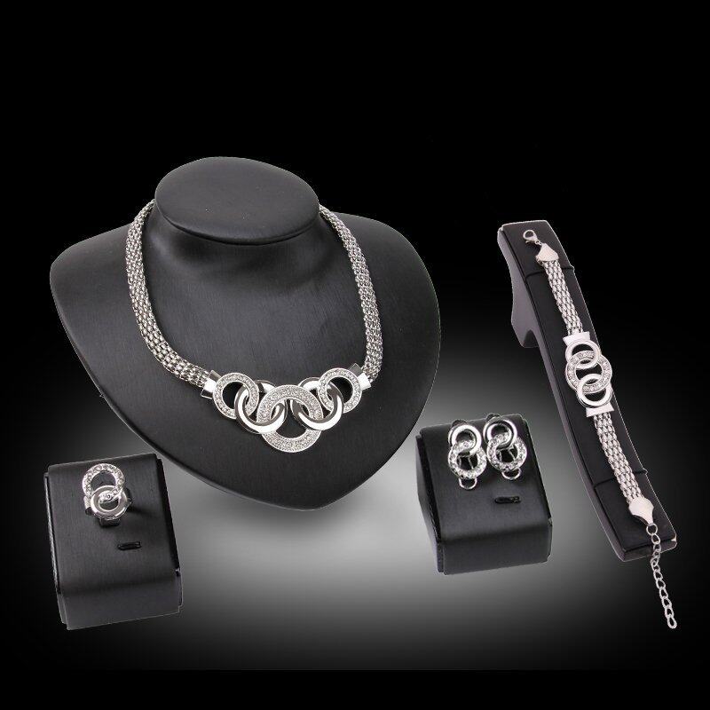 Rich Long Silver Plated Crystal Rhinestone Necklace & Earrings Jewelry Sets