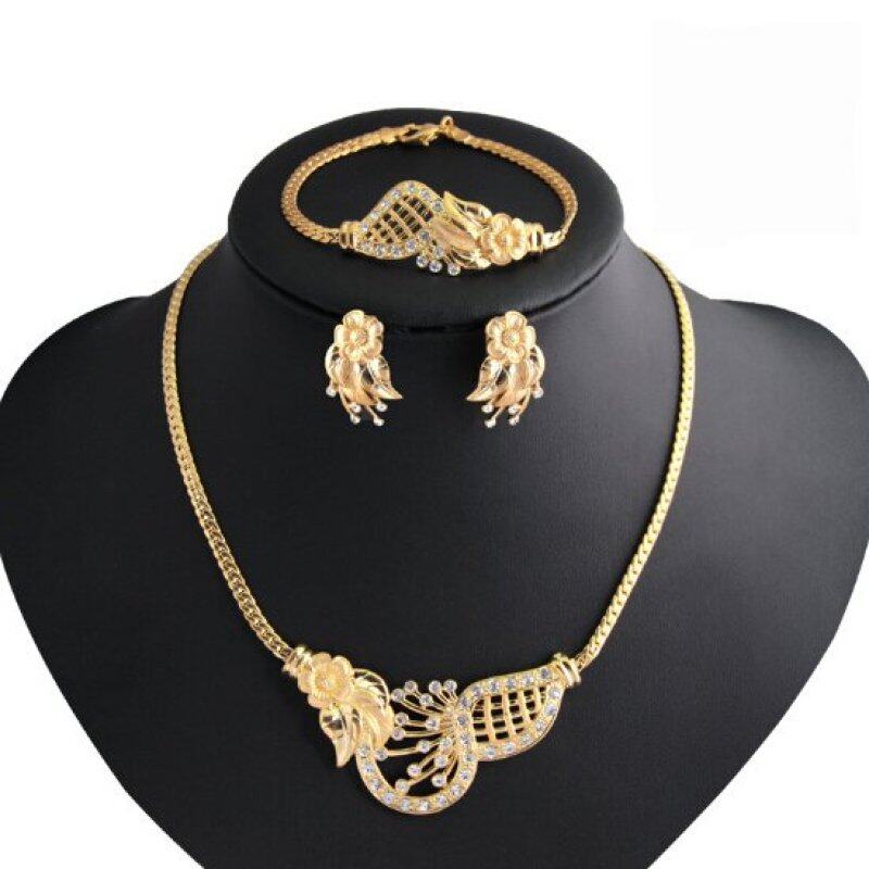 Rich Long Women Flower Cut Out Gold Plated Rhinestone Necklace & Earrings & Bracelet & Ring Jewelry Sets