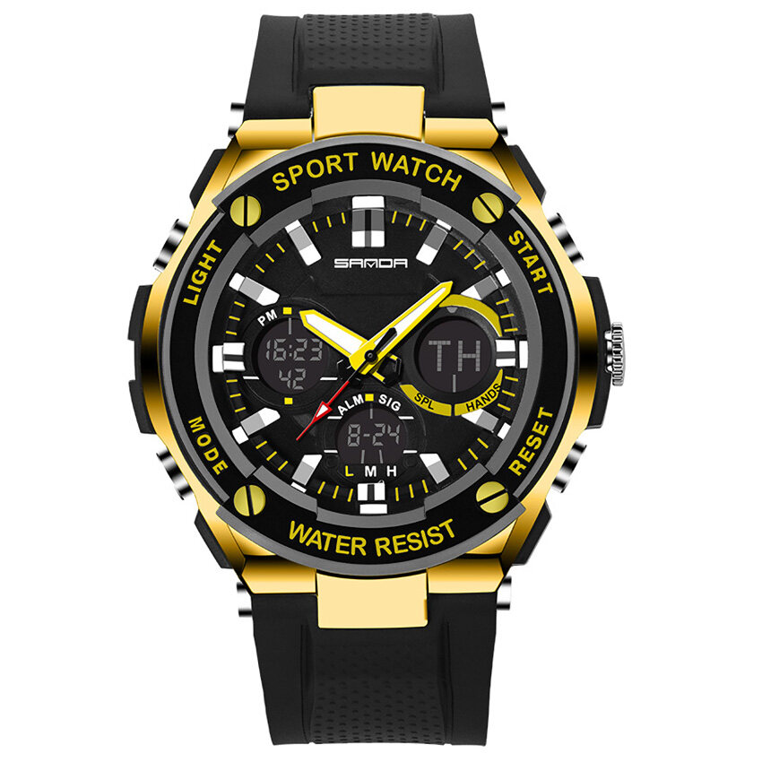 SANDA Men's Silicone LED Digital Date Alarm Waterproof Sports Quartz Watch (Gold) - intl