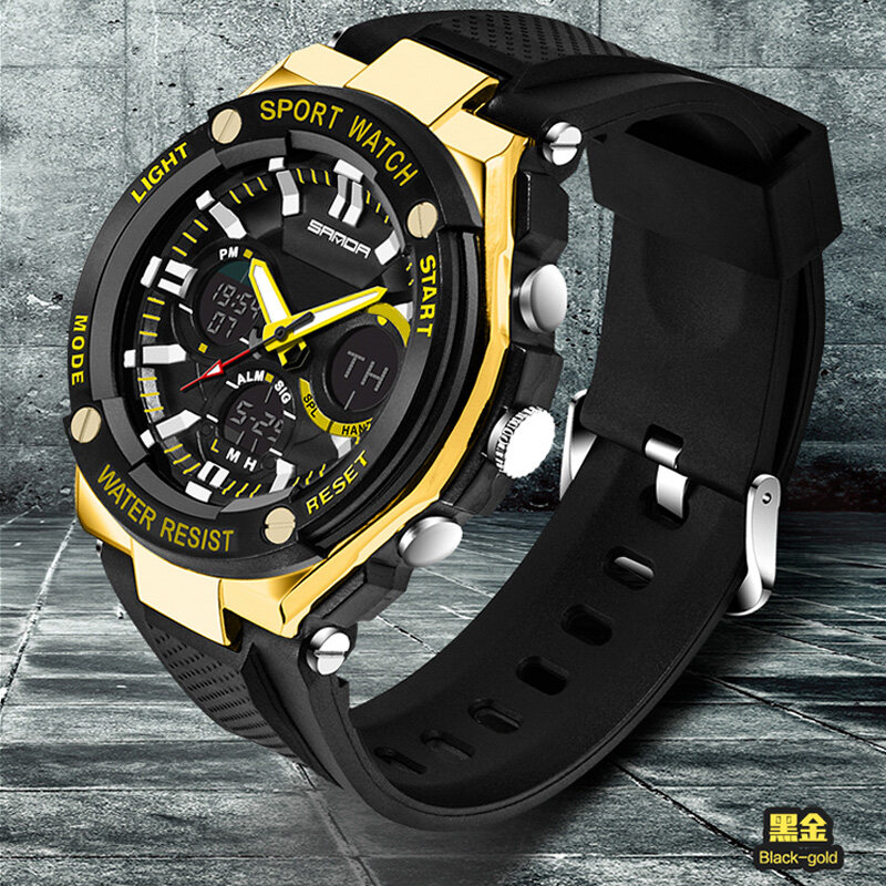 SANDA Men's Silicone LED Digital Date Alarm Waterproof Sports Quartz Watch (Gold) - intl