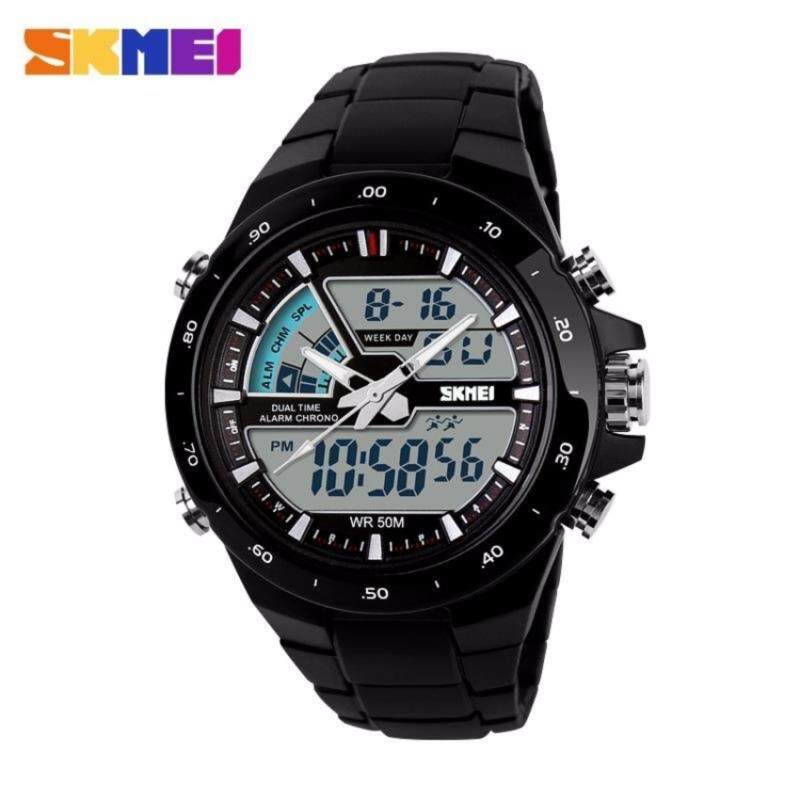 GTE SKMEI 1016 Mens Dual Time Display LED Black Rubber Strap Watch - 2 Colors Available - Black - Fulfilled by GTE SHOP Malaysia