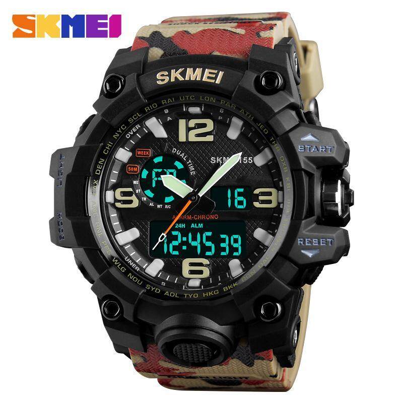 Skmei Watch For Men Led Digital Quartz Analog Dual Time Zones Waterproof Multifunction Mens Camouflage Pu Strap Outdoor Sports Watches Military Style 1155 Malaysia