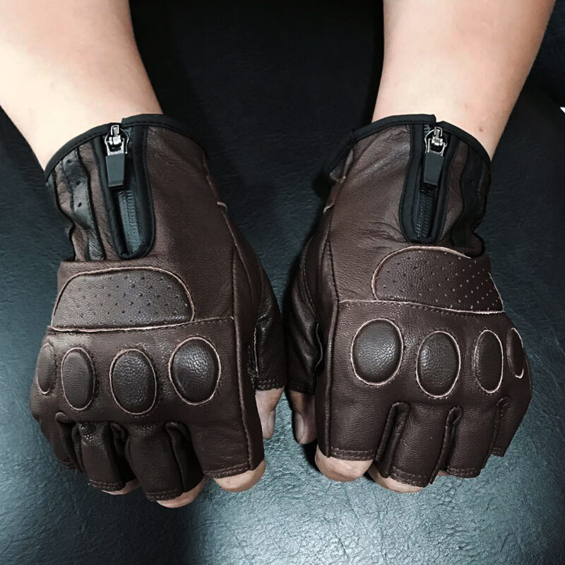 Star Knight 2017 New Retro Harley Motorcycle Leather Gloves Summer Half Finger Gloves SKG-528(Color:Brown)(Size:XXL) - intl