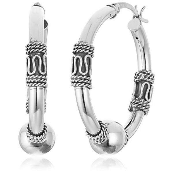 Sterling Perak Bali Bermanik-manik Hoop Anting-Anting (29 Mm)-Internasional