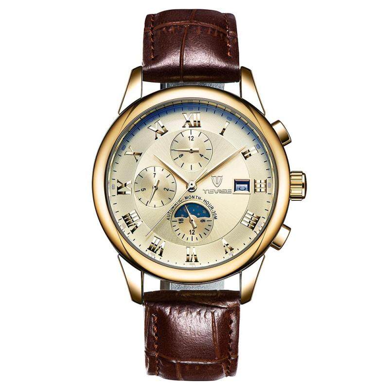 TEVISE Luxury Moon Phase Luminous Water-Resistant Automatic Man Mechanical Watch Genuine Leather Self-Winding Men Business Wristwatch Masculino Relogio + Box Malaysia