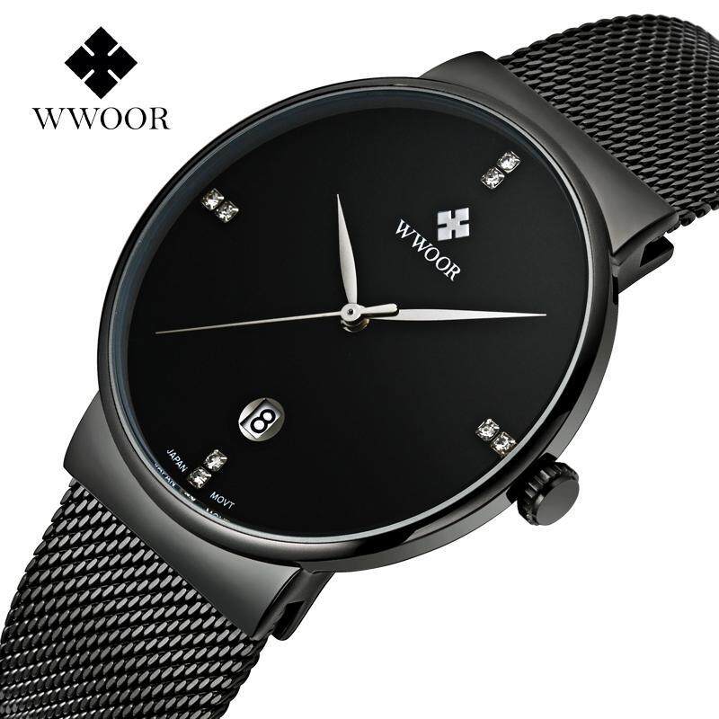 Top Brand WWOOR Luxury Mens Watch Waterproof Auto Date Shinning Crystal Casual Quartz Watches For Men Full Black Stainless Steel Mesh Watchband Fashion Wristwatches 8018 (Black) Malaysia