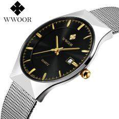 Top Luxury Brand WWOOR Watch Men Brand Mens Watches Ultra Thin Stainless Steel Mesh Band Quartz Wristwatch Fashion Casual Watches 8016 free shipping (Silver Black) Malaysia