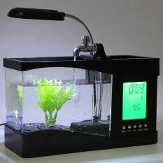 USB Desktop Mini Fish Tank Aquarium LCD Timer Clock LED Lamp Light Black