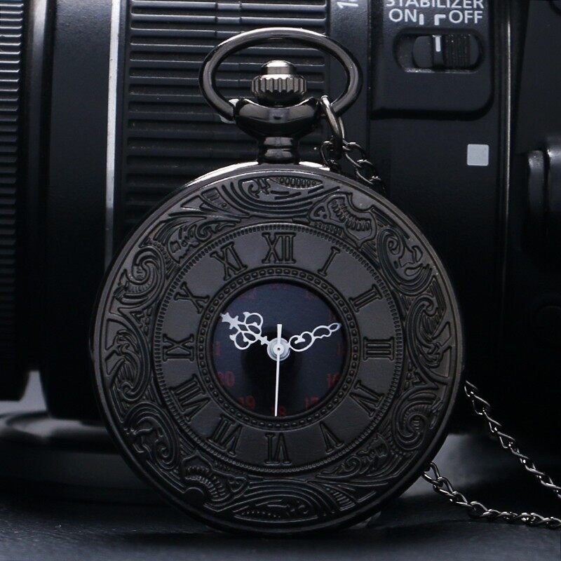 Vintage Charm Black Unisex Fashion Roman Number Quartz Steampunk Pocket Watch Women Man Necklace Pendant with Chain Gifts P427 Malaysia
