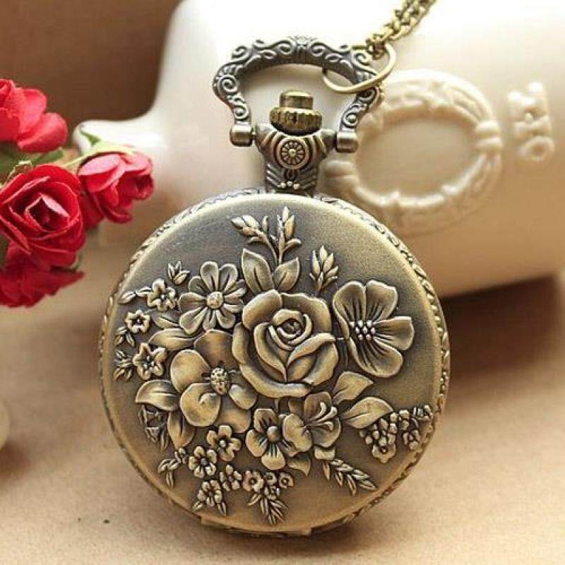 Vintage Flower Pattern Quartz Pocket Watch Necklace Pendant Chain Ladi - Gold Malaysia