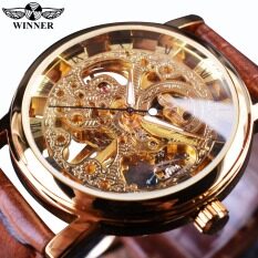 Winner WIN358-5 Transparent Golden Case Luxury Casual Design Brown Leather Strap Mens Watches Top Brand Luxury Mechanical Skeleton Watch – intl