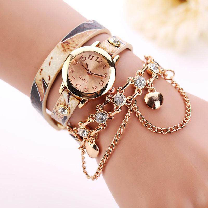 Woman Leather Rhinestone Rivet Chain Quartz Bracelet Wristwatch Beige Malaysia