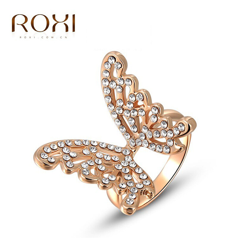 Wanita Mewah Barat Mawar Emas dan Toko Tren Besar Kupu-kupu Berlian Cincin Perhiasan Retro Sederhana Cincin Zircon Asli Austria Hiasan Kristal Fashion Klasik Cincin Atas kualitas Perhiasan Hadiah-Intl