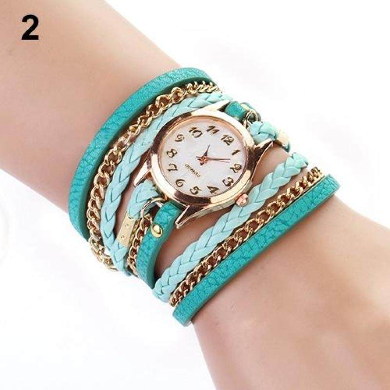 Women Multilayer Faux Leather Alloy Braided Bracelet Wrist Watch Jewelry (Sky Blue) Malaysia