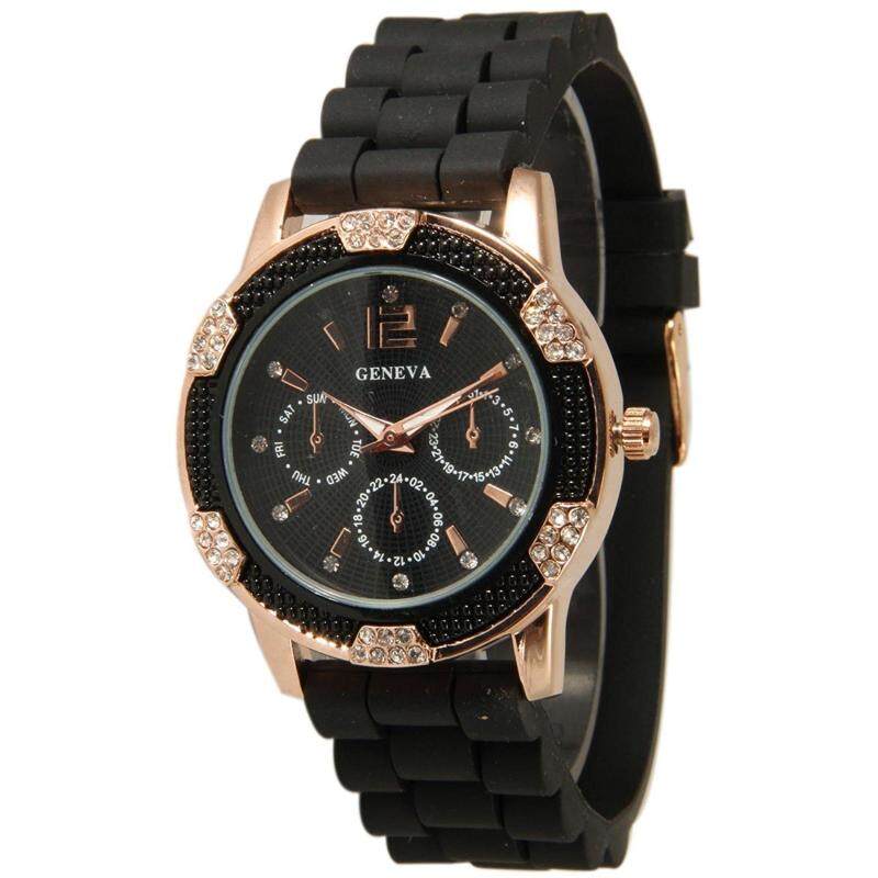Women`s Black Rose Gold Geneva Faux Chronograph Silicone Watch with Crystal Rhinestones Bezel Malaysia