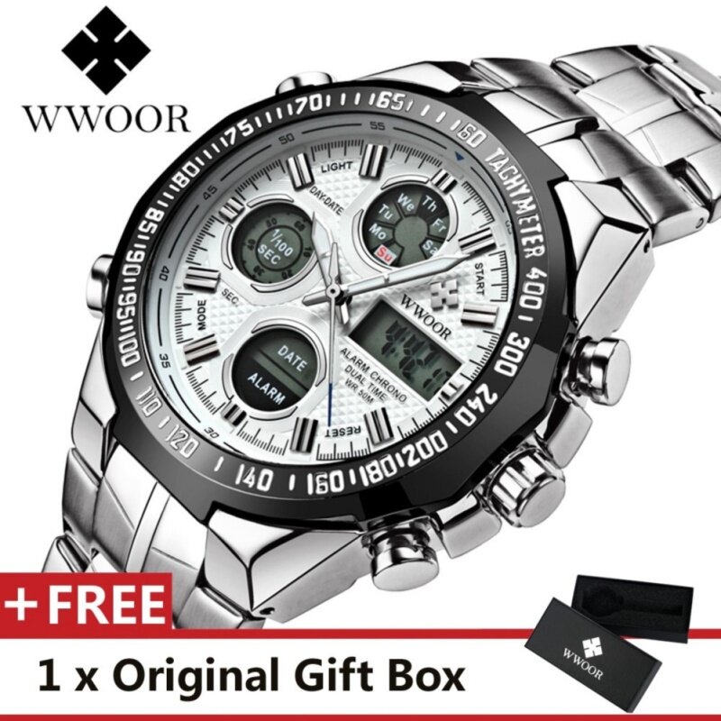 WWOOR Top Luxury Brand Watch Famous Fashion Sports Cool Men Quartz Watches Calendar Alarm Stop Watch Waterproof Stainless Steel Wristwatch For Male Black Malaysia