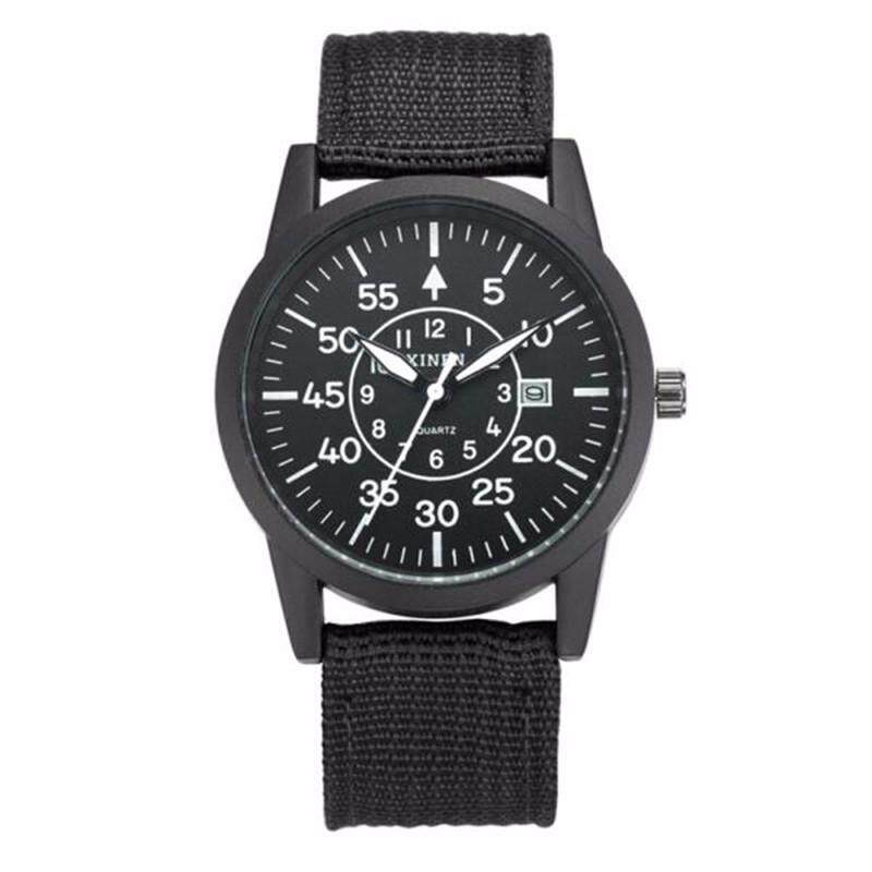 XINEW 2248 Mens Fashion Watch Weave Cloth Calendar Student Movement Quartz Watch Black belt Black shell Malaysia